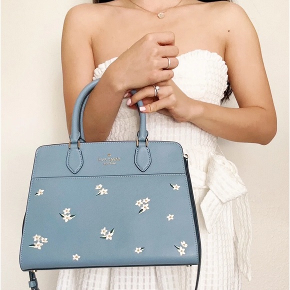Kate Spade Madison Floral Embroidered Medium Satchel Polished Blue + Wallet - Picture 2 of 8